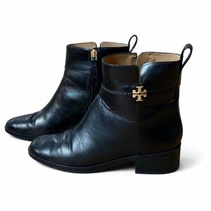 Tory Burch Black Leather Ankle Boots with Gold Logo Accent